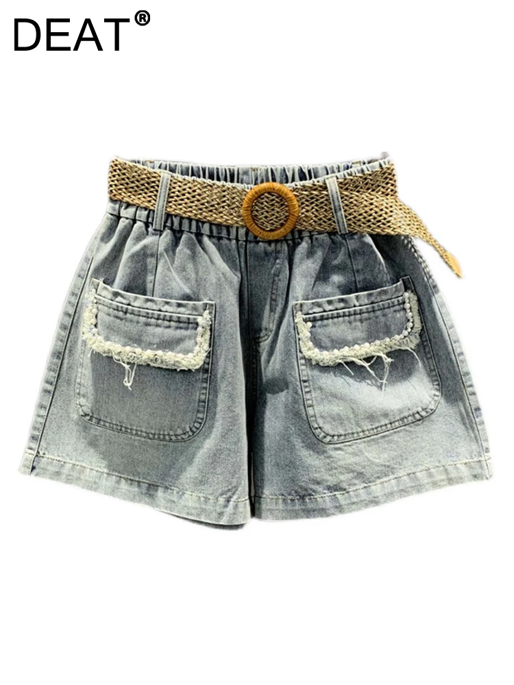 

DEAT Women Short Jeans Burrs Pocket Elastic High Waist Spliced Loose Wide Leg Burrs Denim Shorts 2023 Autumn New Fashion 29L1474