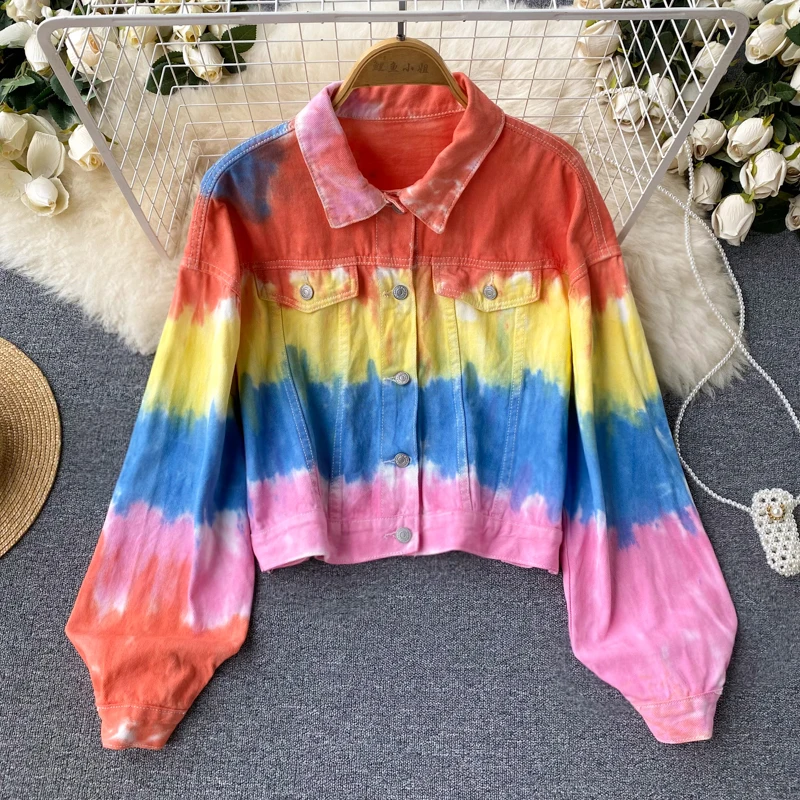 

VANOVICH Fashion Contrast Color Long-sleeved Temperament Denim Jacket Summer New Women's Loose Short Single Breasted Jacket