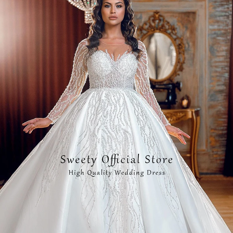 

Luxury Wedding Dress Chiffon With Beading Lace Ball Gown O-Vintage Neck Full Sleeve Bridal Gowns Back Button Robe De Mariee