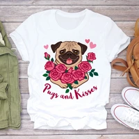 aesthetic women t shirts casual flower pugs and kisses graphic t shirt lady tops streetwear camisetas mujer female tee shirt
