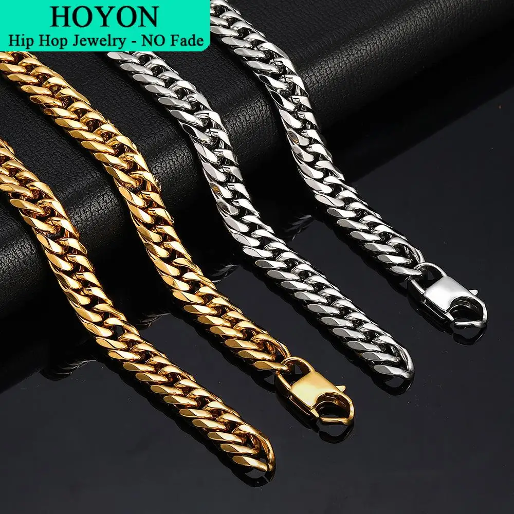 

HOYON Real 24K Gold Coating Cuban Chain Hip Hop Titanium Steel Men's Necklace Stainless Steel Buckle Bracelet Silver Gold Color