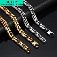 HOYON Hip Hop Titanium Steel Men's Bracelet Necklace Six Sides Milled Cuban Chain Real Gold Coating Stainless Steel Denim Buckle
