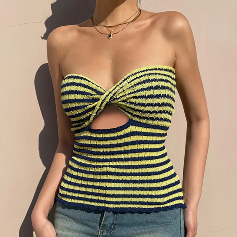 

Y2K Women Strapless Knitted Tube Crop Top Vest Hollow Out Sleeveless Backless Summer Autumn Harajuku Vintage Tanks Top Shirts