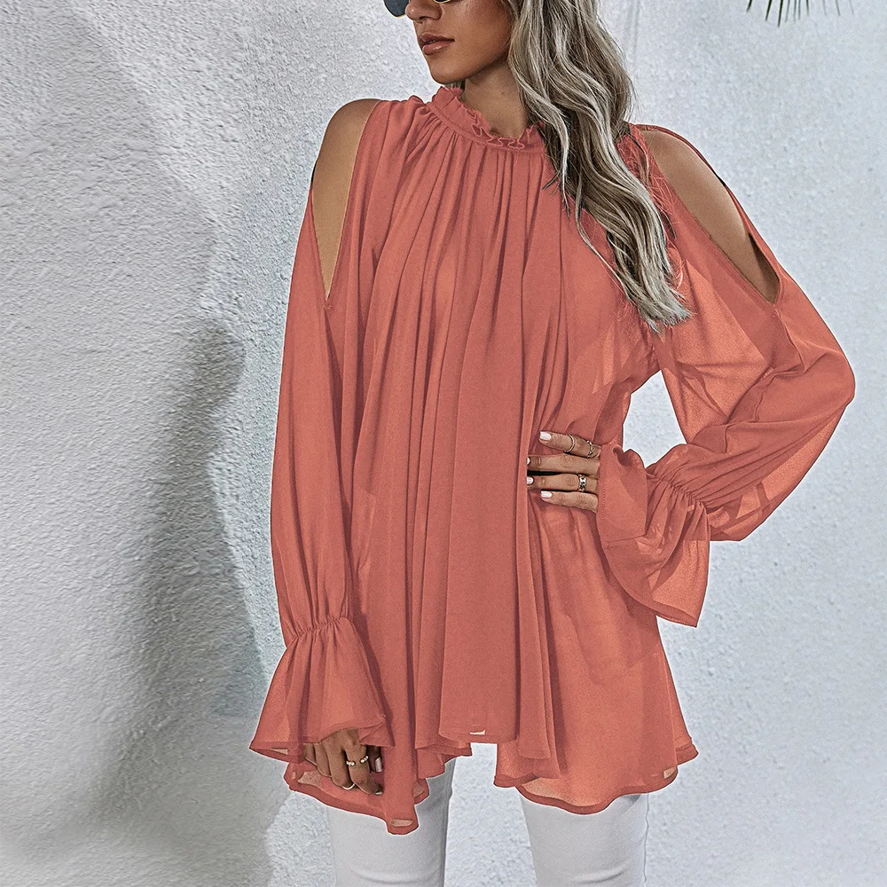 

Spring and Autumn Slim Waist Women's Chiffon Shirt Off-shoulder Long-sleeved Top Casual Commuting Top for Female 2022 Fashion