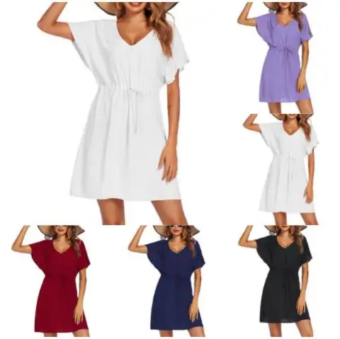 

Женское платье, Новинка лета 2023, соблазнительные однотонные женские платья с коротким рукавом и V-образным вырезом, с эластичным поясом, модная повседневная свободная уличная одежда