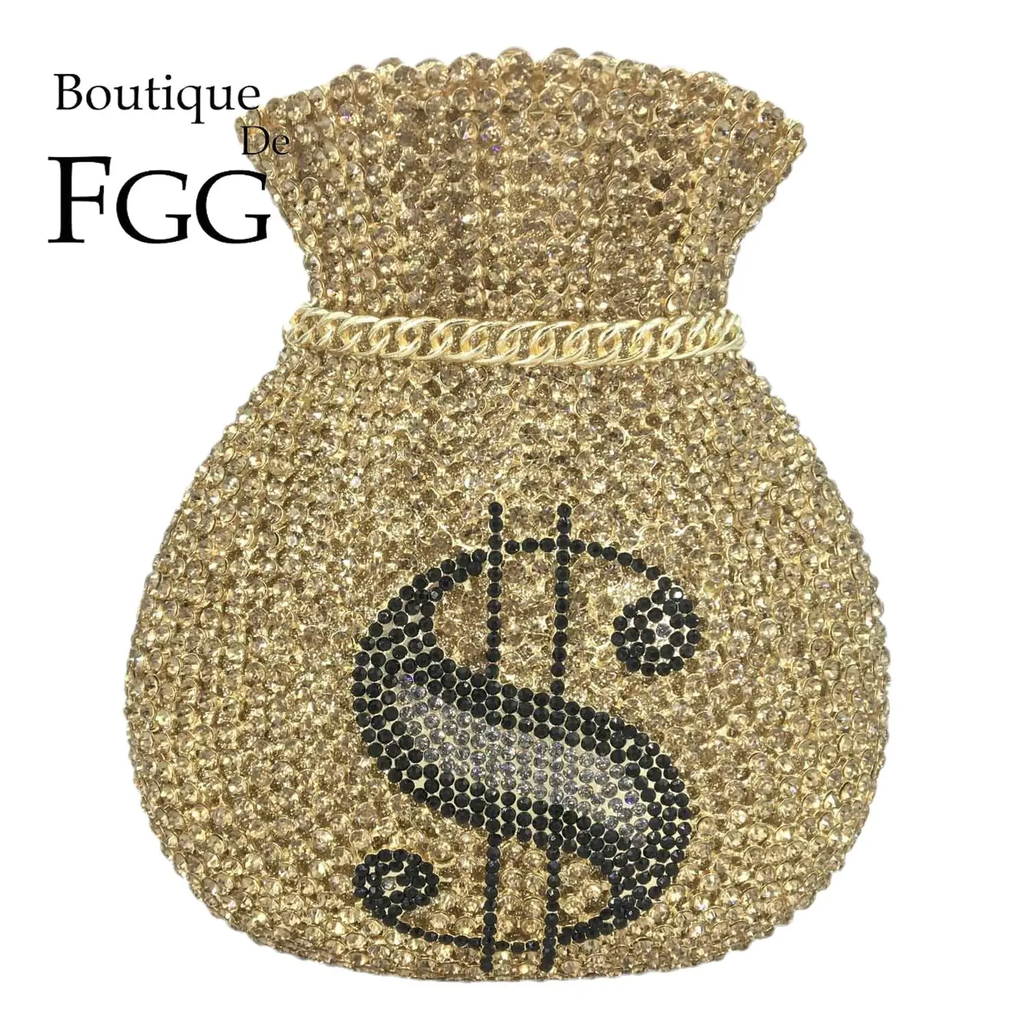 Bouotique De FGG Mini Fashion Golden Money Clutch Bag Women Crystal Evening Handbags Wedding Party Cocktail Minaudiere Purses