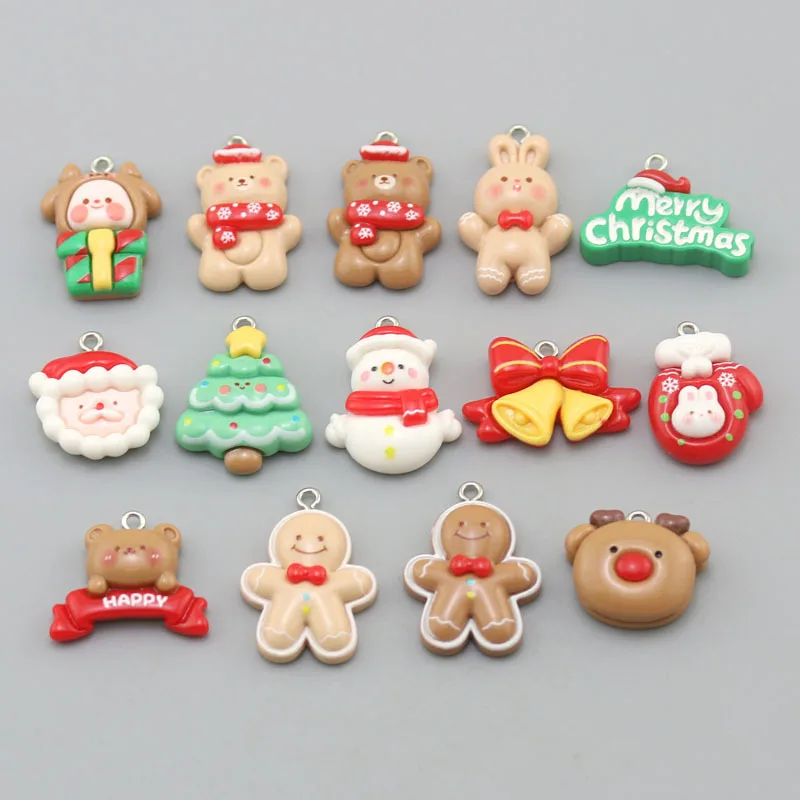 

10pcs Christmas Gingerbread Man Deer Bear Bell Resin Charms for Jewelry Making Diy Earring Pendants Keychain Findings Material
