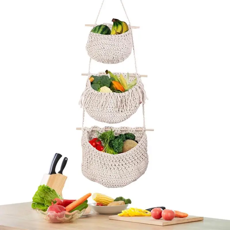 

Wall Fruit Basket Braided Bohemia Hanging Baskets For Kitchen Hanging Basket 3 Tier Restaurant Storage Garlic Vegetable Wall
