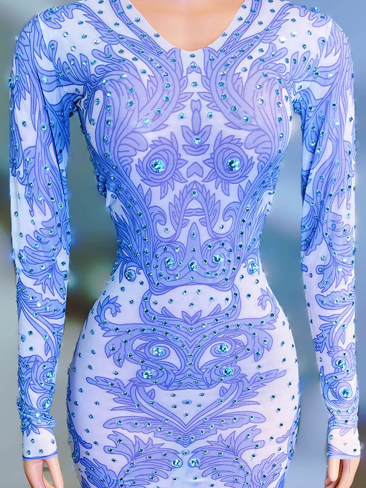 High Quality Rhinestone Elastic Printed Dress 2024 New Fashion Custom Women'S Clothing