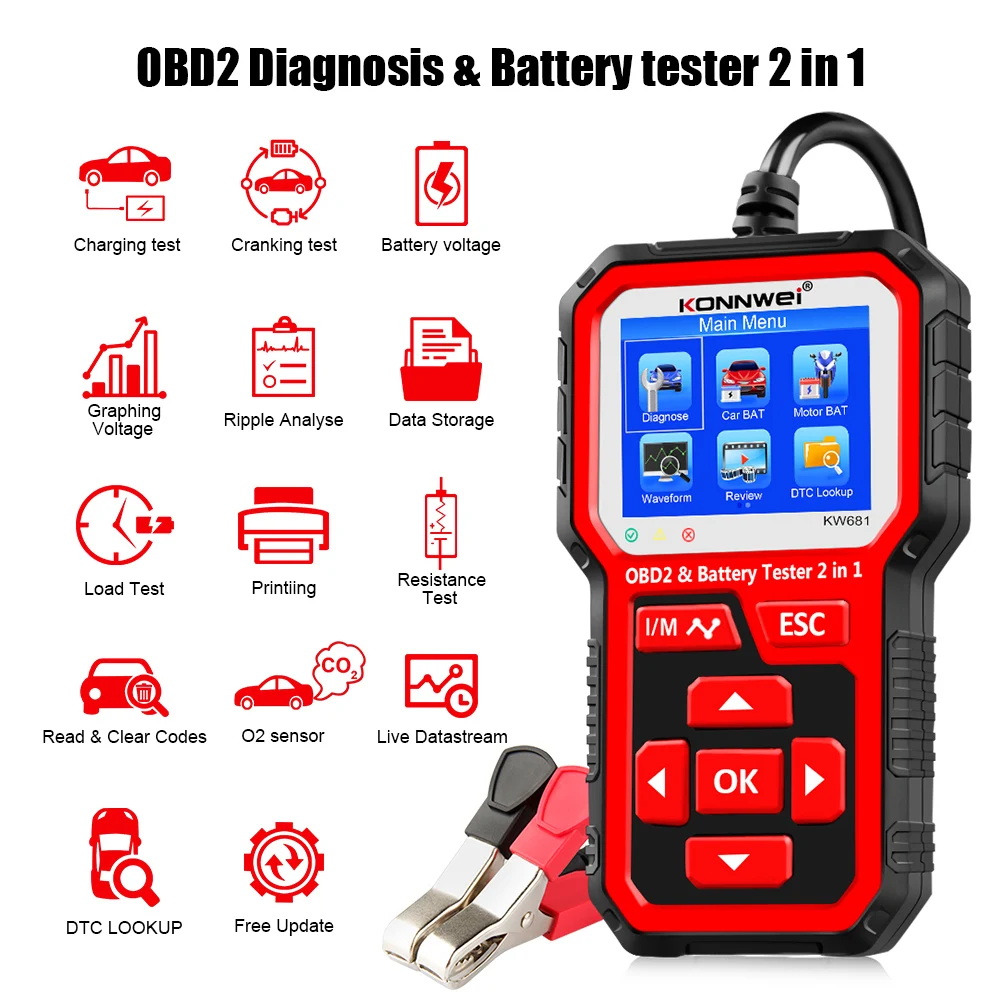 

PTOOL KW681 6V 12V Car Motorcycle Battery Tester Obd 2 Auto Diagnostic Tool 2 In1 2000 CCA Car Diagnostics Obd2 Scanner
