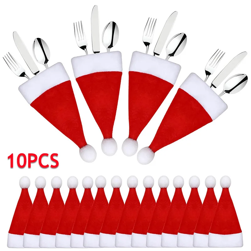 

10/1Pcs Christmas Decorative Tableware Mini Caps Pocket Knife Fork Spoon Holders Xmas Table Decoration for Home Xmas Supplies