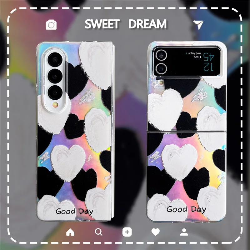 

Fashion Heart Laser Sticker Phone Case for Samsung Galaxy Z Fold Z Flip 1 2 3 4 Hard PC Back Cover for ZFlip ZFold Case Shell
