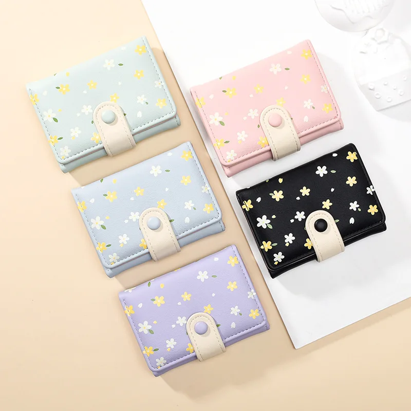 

New PU Wallet Girls' Small Fresh Buckle Short Wallet Simple and Fashionable Student Zero Wallet Printed Women's Card Bag