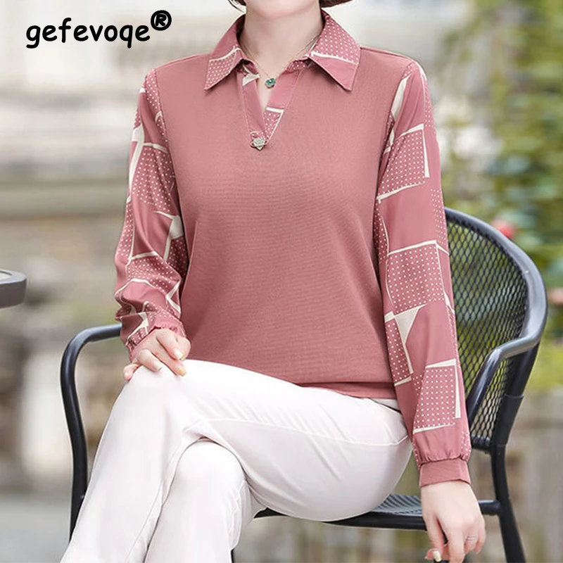 

Casual Fashion Solid Patchwork Printed Shirt Spring Autumn 2022 Office Lady Polo-Neck Long Sleeve Loose Pullover Ladies Clothing