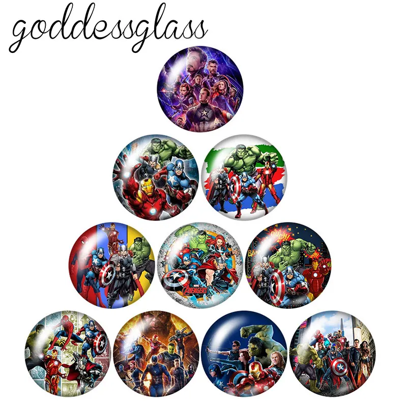 

Disney Spider man Iron man Thor Avengers 10pcs 12mm/18mm/20mm/25mm Round photo glass cabochon flat back Necklace Making findings