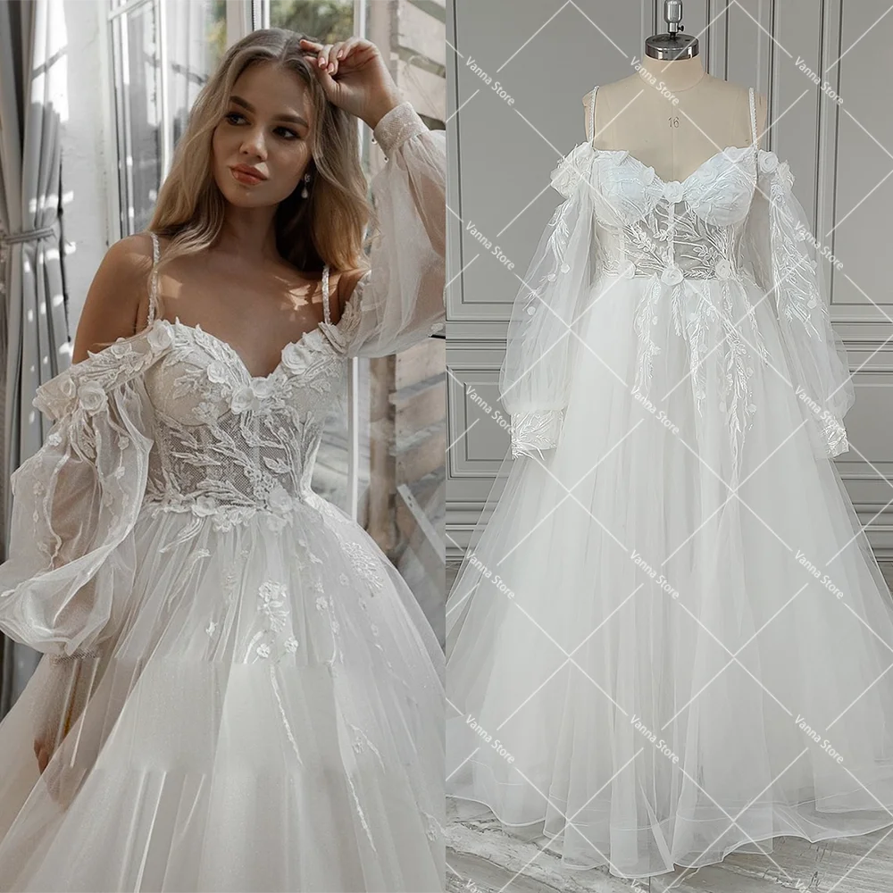 

Кружевное свадебное платье с длинными рукавами «Бишоп» на тонких бретельках, сделанное на заказ пышное блестящее Тюлевое изысканное бальное платье невесты с вышивкой