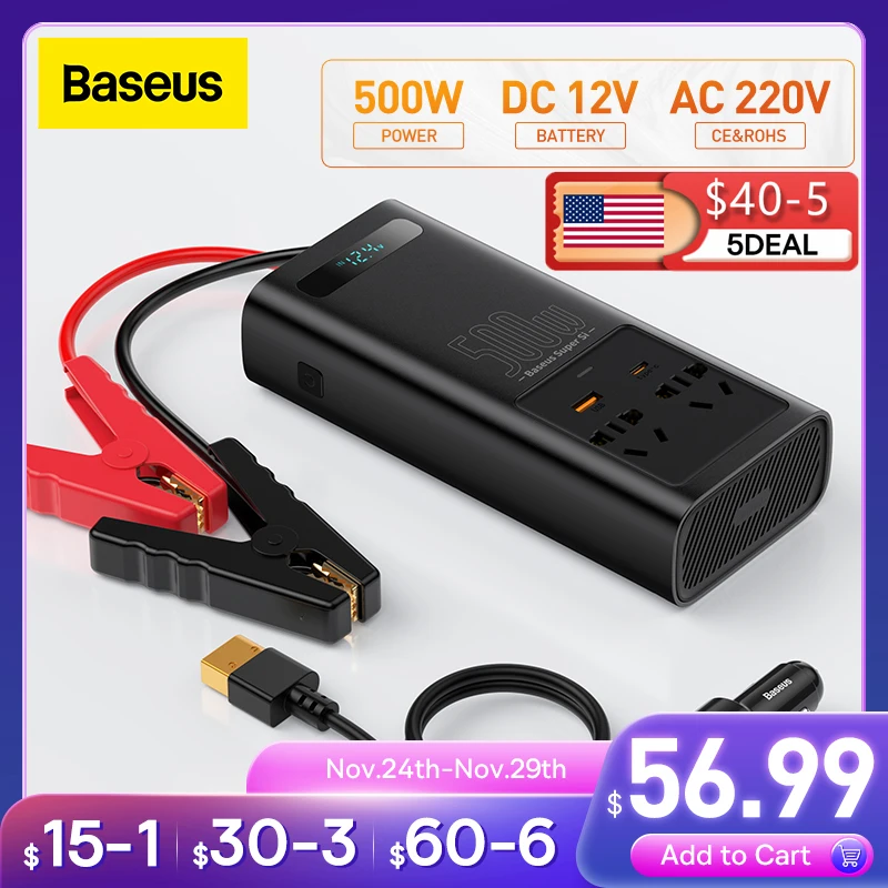 

Baseus Car Inverter 500W DC 12V to AC 220V Auto Converter USB Type C Fast Charging Car Charger For IPhone Laptop Power Inverter