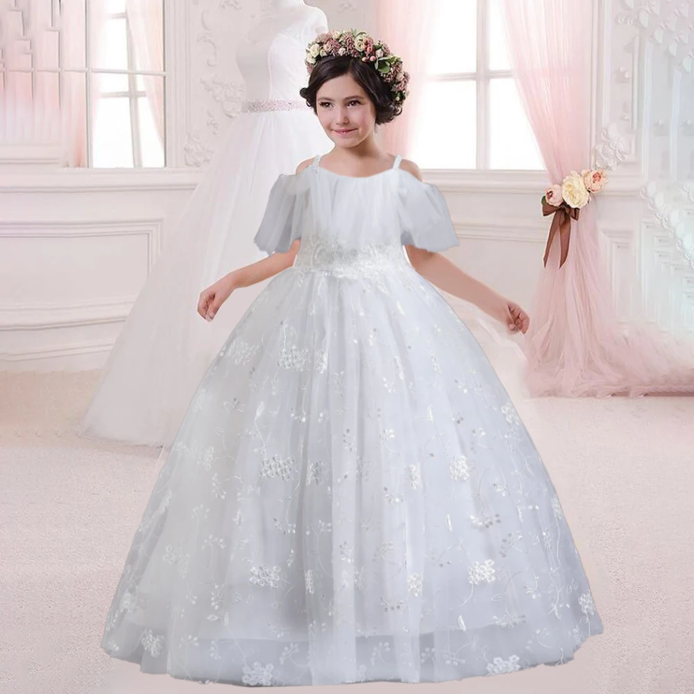 

Летнее платье, белое свадебное платье для девочек, костюм, детское длинное кружевное платье подружки невесты, вечерние платья принцессы, на...