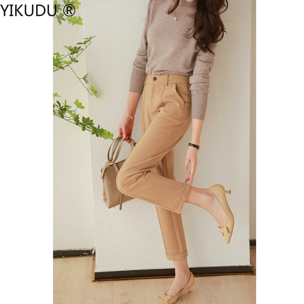 

Ladies Long Pants Autumn Winter Thickened Wool Fabric Fashion Office Work Commuting Solid Color Business Women's Warm Trousers