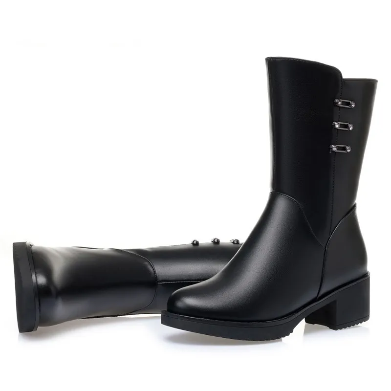 AIYUQI Women Winter Boots Wool 2023 New Genuine Leather Mid-high Boots Women Mid-heel Large Size Women Snow Boots