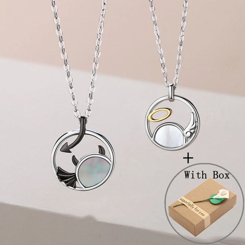 Silvology Real 925 Sterling Silver Inlay Shell Angel Devil Couple Pendant Necklace for Women Men Original 2022 Festival Jewelry