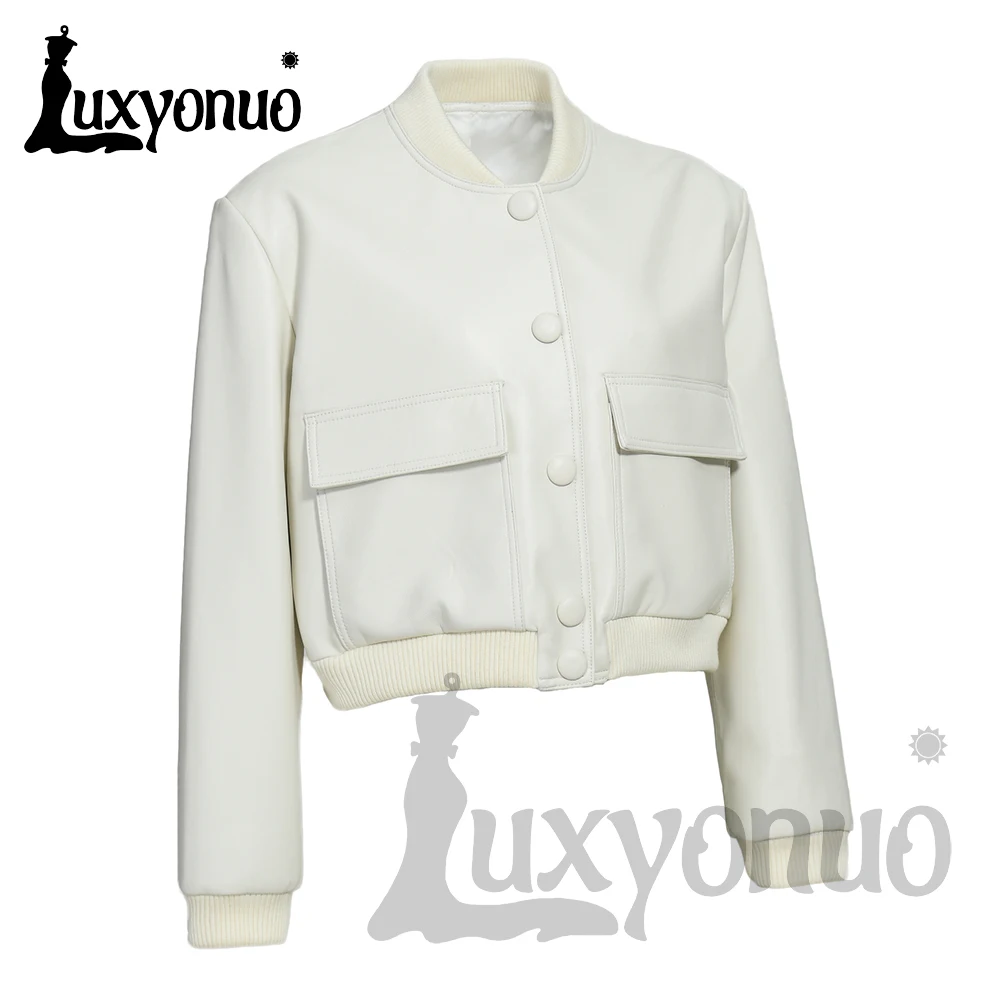 Фото Luxyonuo дубленка для женщин осень однотонная куртка из натуральной кожи с длинными рукавами женская весенняя мода пальто из натуральной кожи №5
