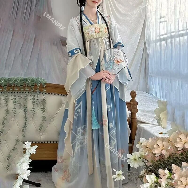 Женское платье Hanfu традиционное китайское раннее зеленое и синее для студентов