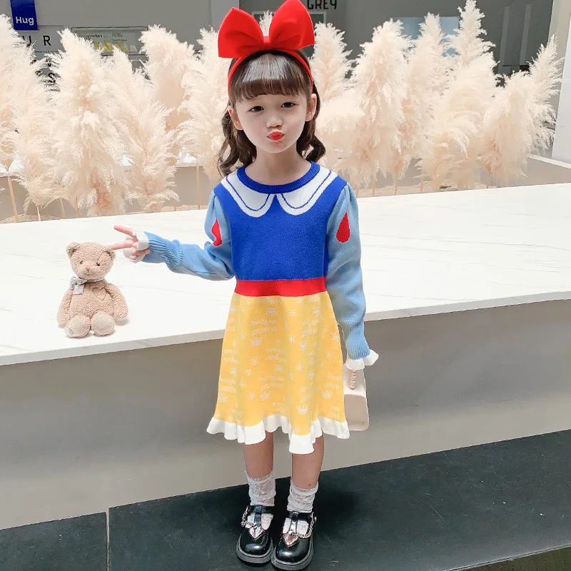 

Disney Princess Dress For Girls Dresses Snow White Knitted Sweater Dress Full Sleeve Baby Clothes Autumn Winter Casual Clothing