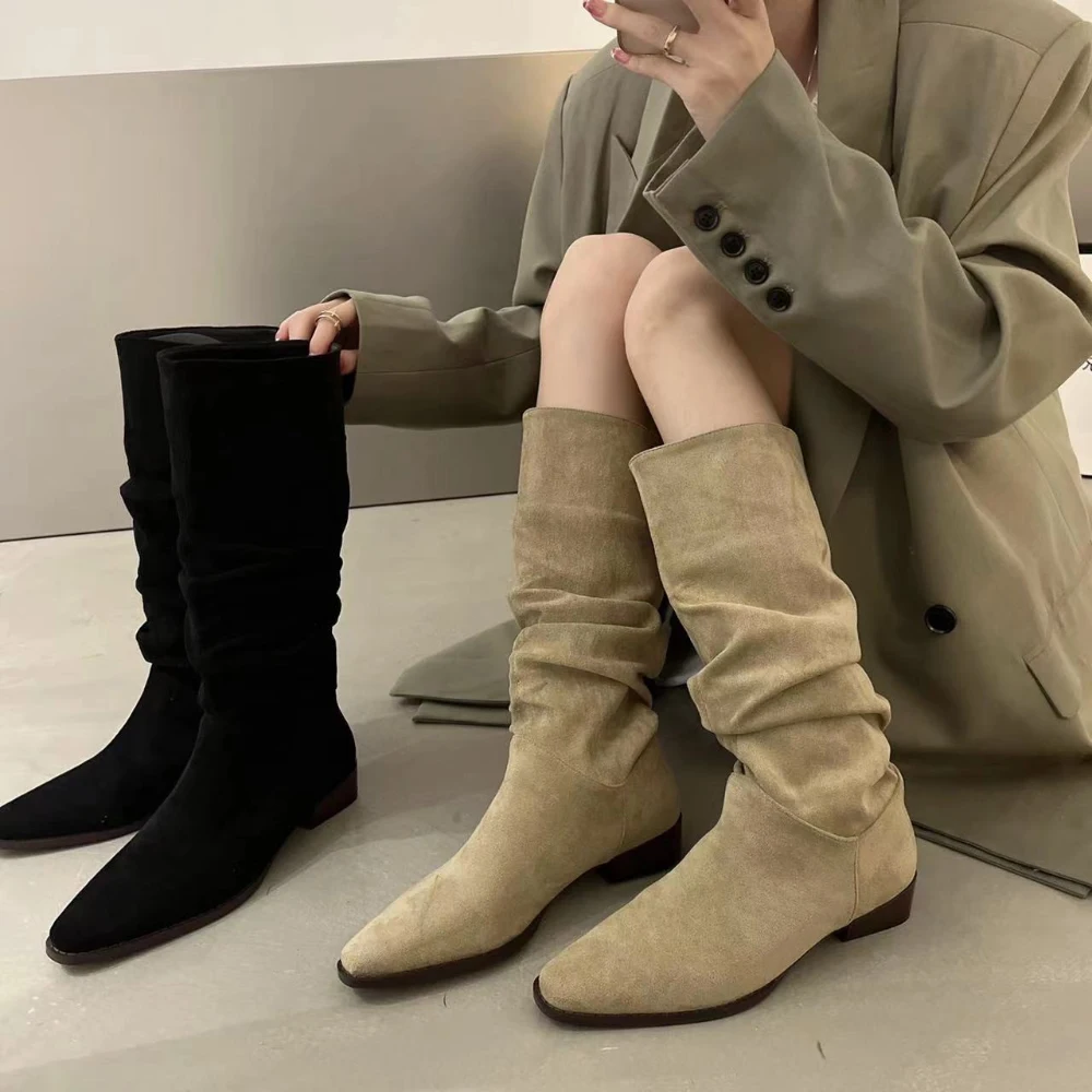 Western cowboy thick heel pile shoes women autumn style 2023 new but knee boots female style big girt female boots