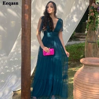 eeqasn peacock blue tulle formal prom dresses v neck adjust spaghetti straps women party dress bridesmaid tiered evening gowns