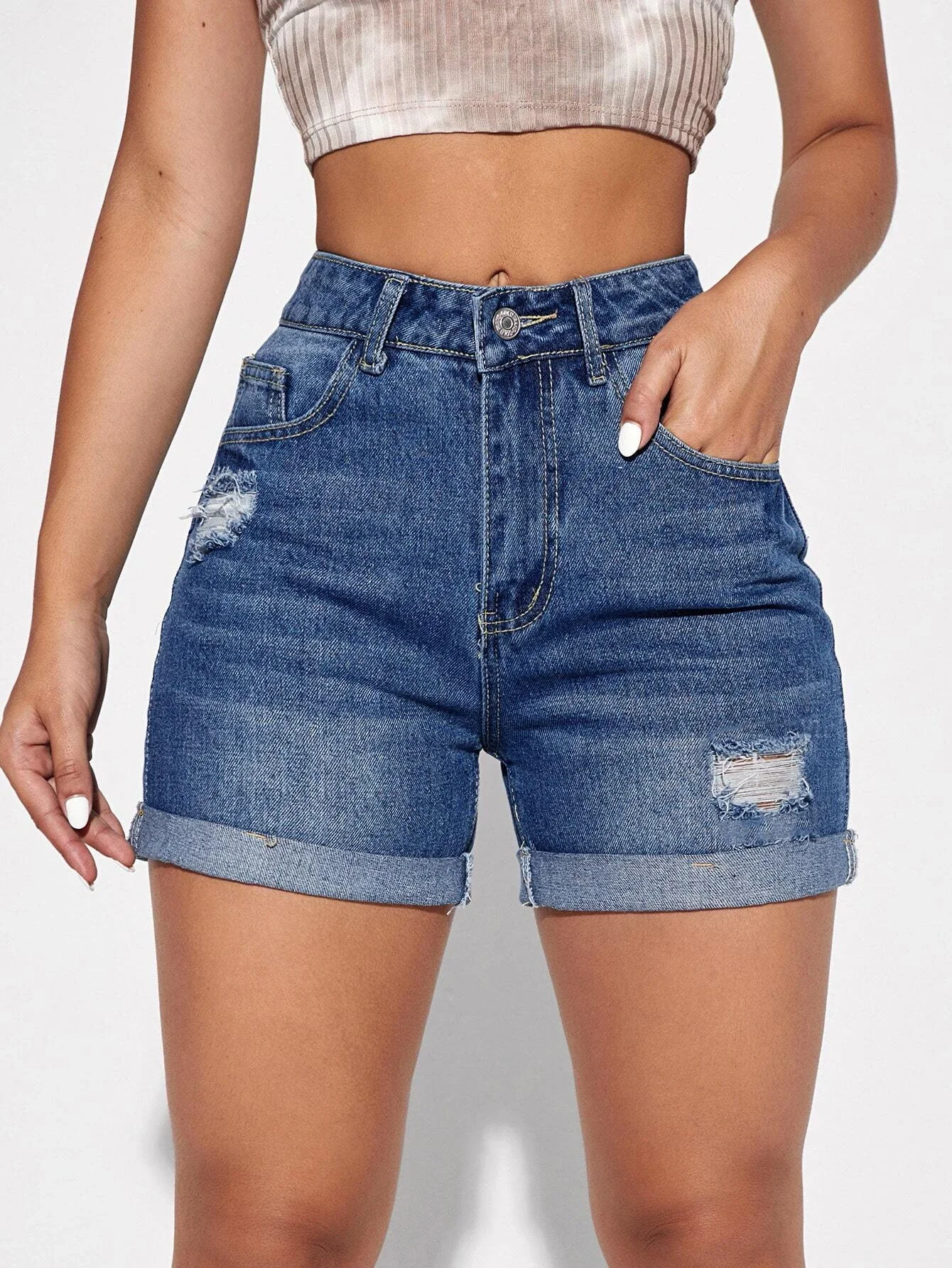 

Zipper Fly Ripped Detail Cuffed Hem Denim Shorts