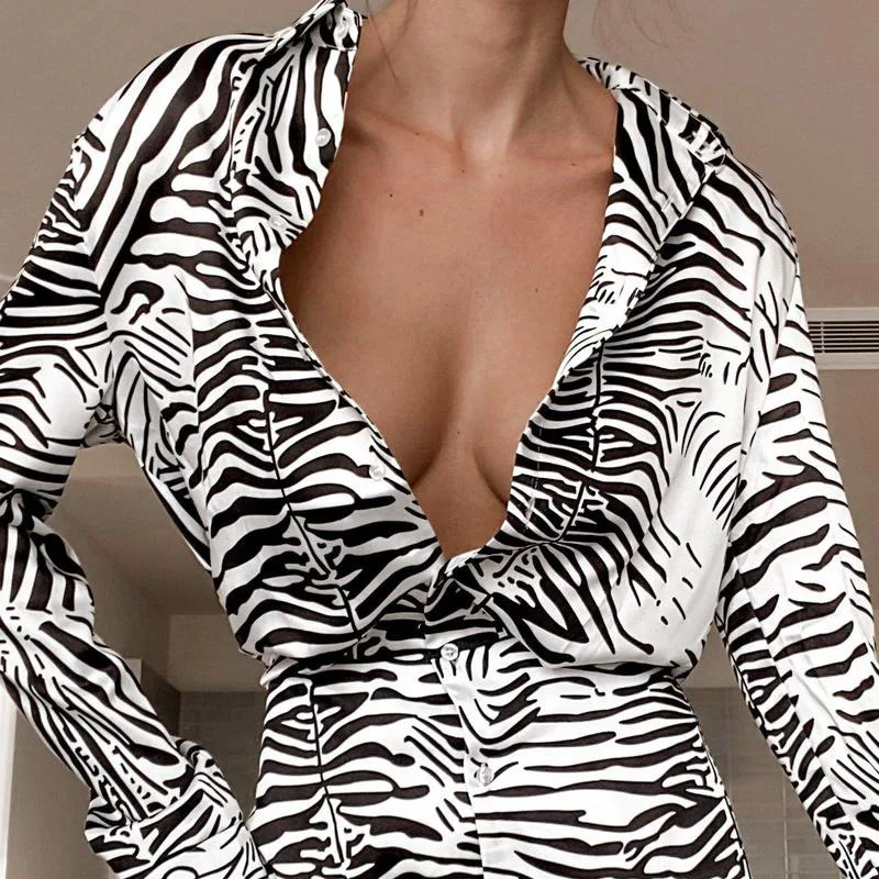 Zebra Striped Button Up Long Sleeve Casual Shirt Dresses for Womens Fall 2022 Clubwear Sexy Causal Dress for Women Mini Dress