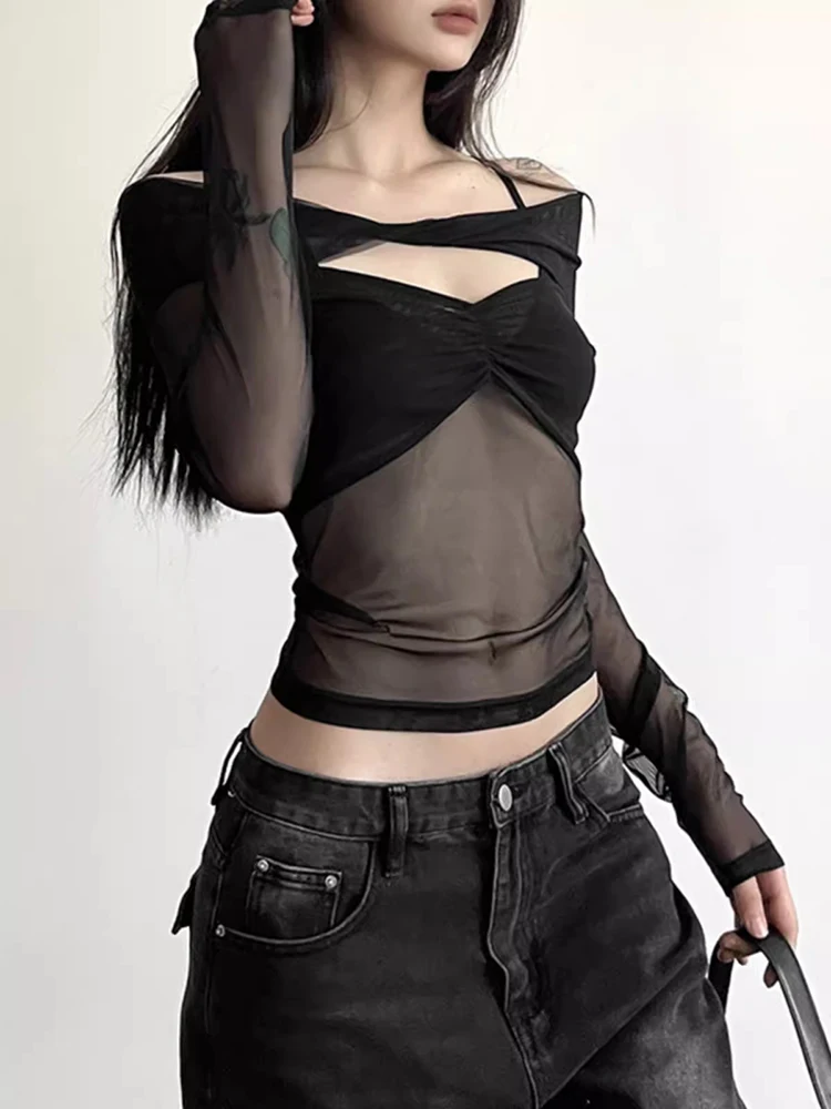 Футболка RORORIRI женская прозрачная сетчатая ретро черный топ с вырезом и V-образным