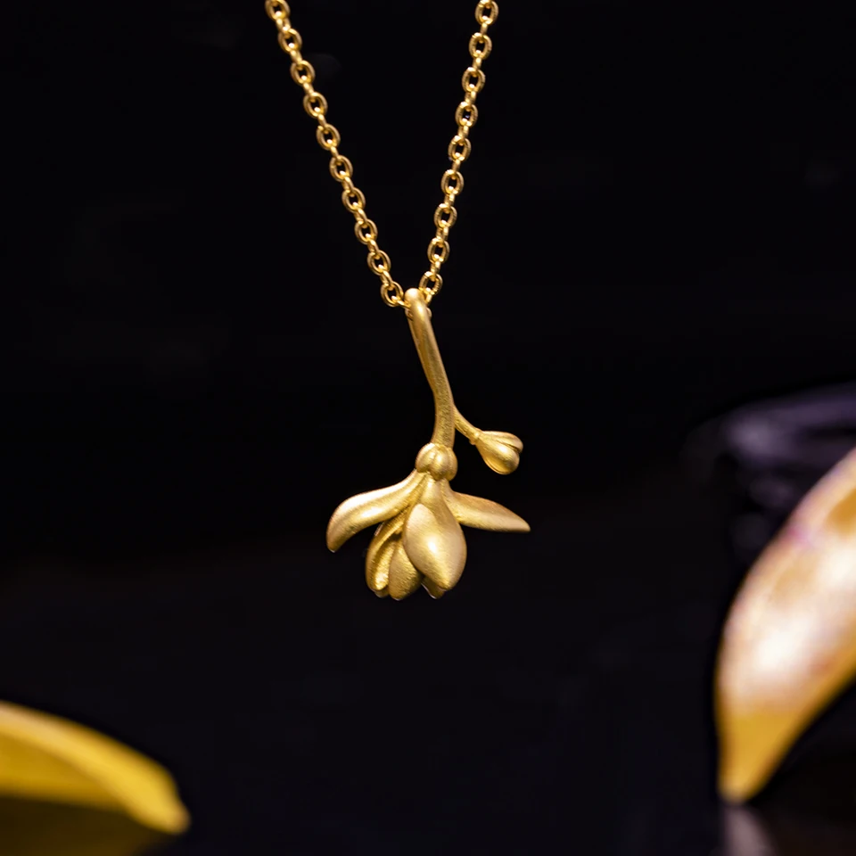 

18K Gold Elegant Magnolia Flower Pendant with Necklace Real 925 Sterling Silver Handmade Fine Jewelry for Women Xmas Gift