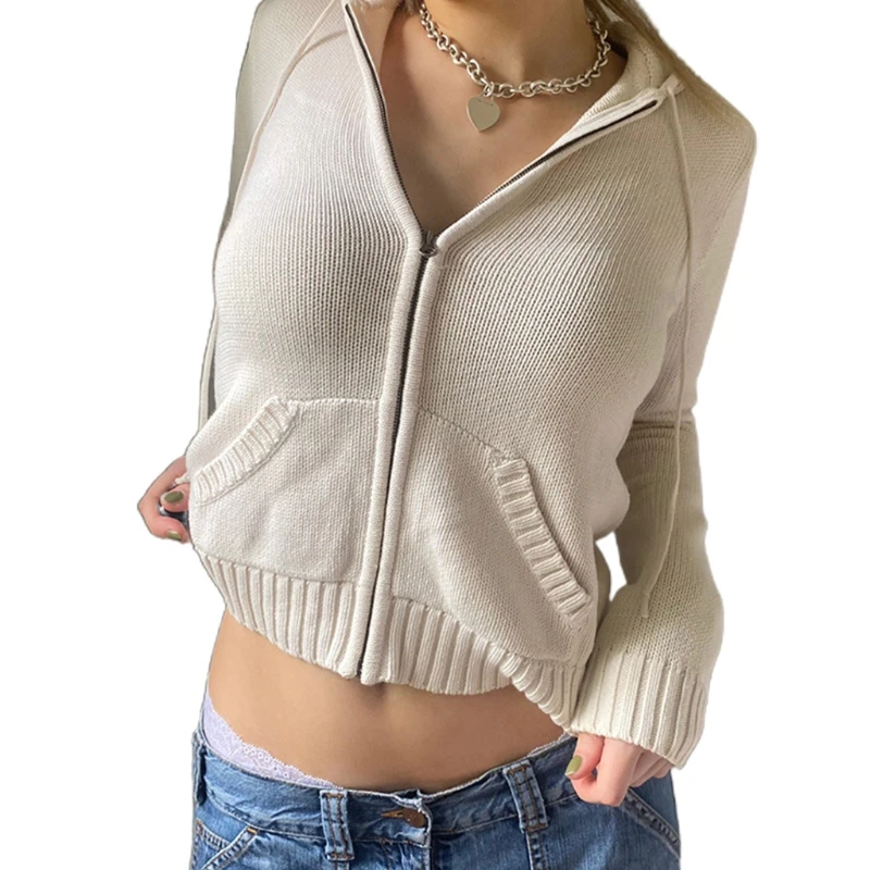 

Women Hoodies Sweater Cardigan Knit Crop Top Jacket Zipper Warm Pockets Outwear