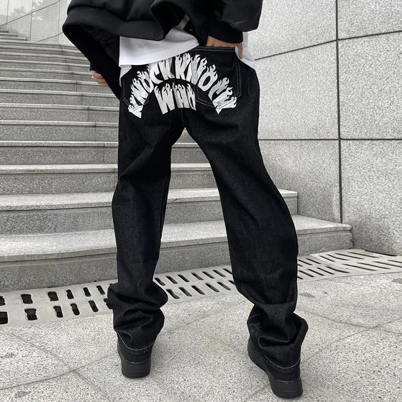 Harajuku Cartoon  Letter Print Straight Casual Denim Pants Mens Washed Vibe Style Ripped Jeans Baggy Streetwear Jean Pants 2022