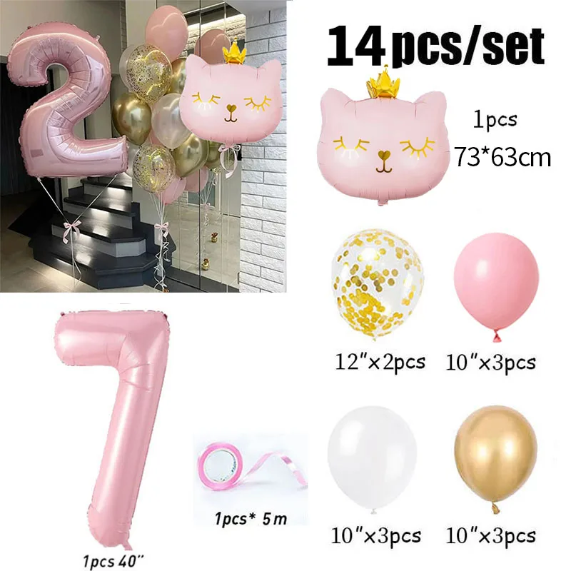 

Розовые фольгированные шары с кошачьей короной и номером, TingBabyer, 14 шт.