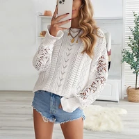 sexy knitted top lace hollow patchwork long sleeve knitted sweater new spring and autumn women elegant loose casual pullover