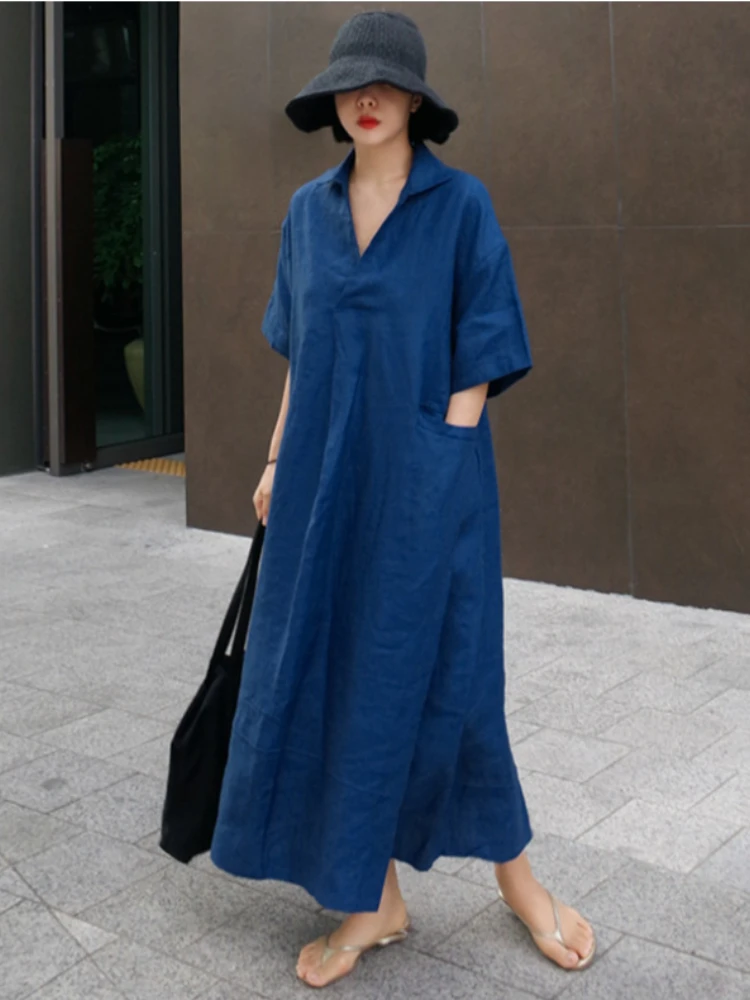 

Summer Dress Fashion Solid Color V-neck Short-sleeved Cotton and Linen Loose Casual Large Pocket Cotton and Linen Women's Dress