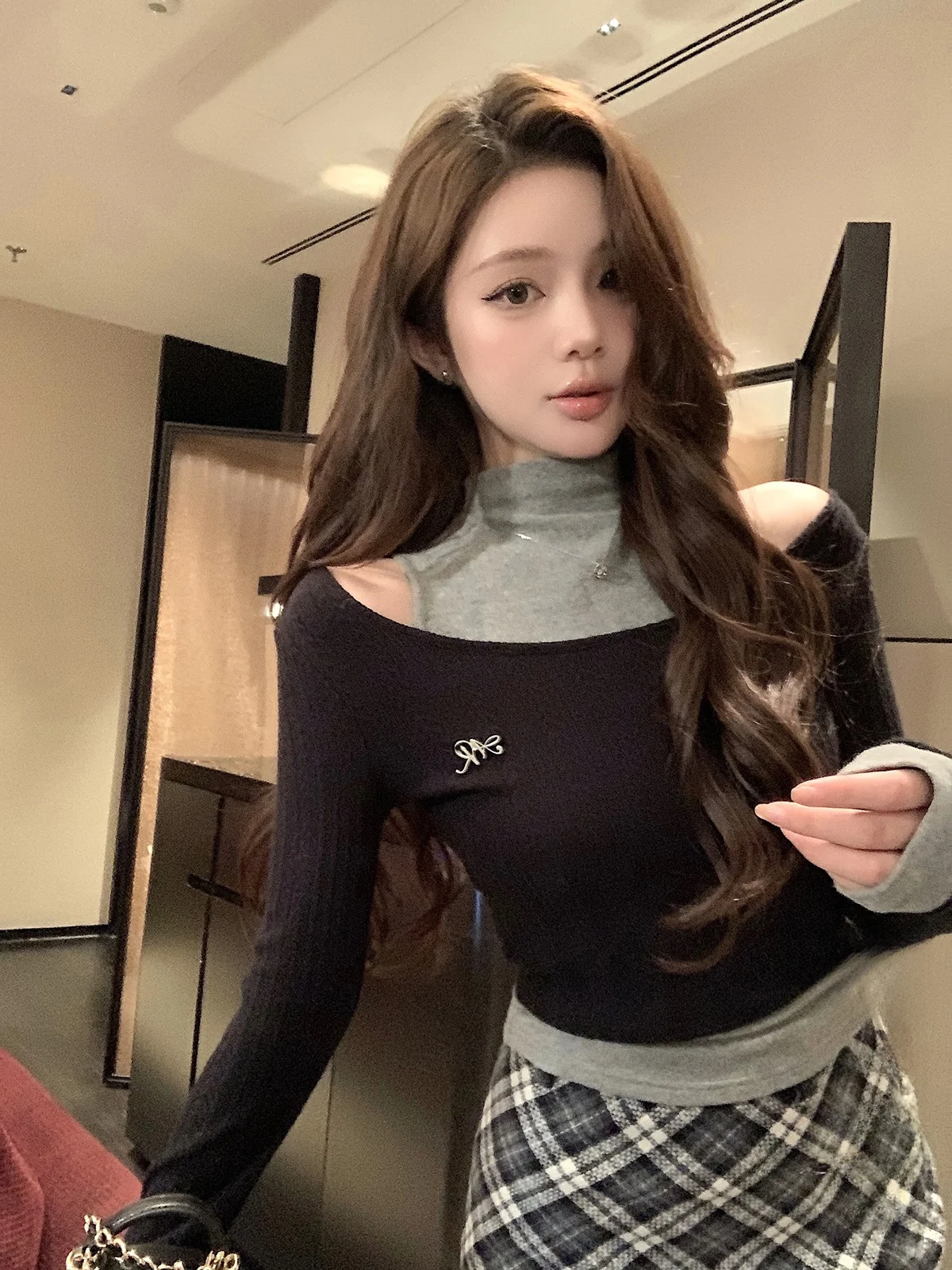 Qiu Meat Yao Sweet Cool High Street Sense вязаный жилет с открытыми плечами женский зимний новый