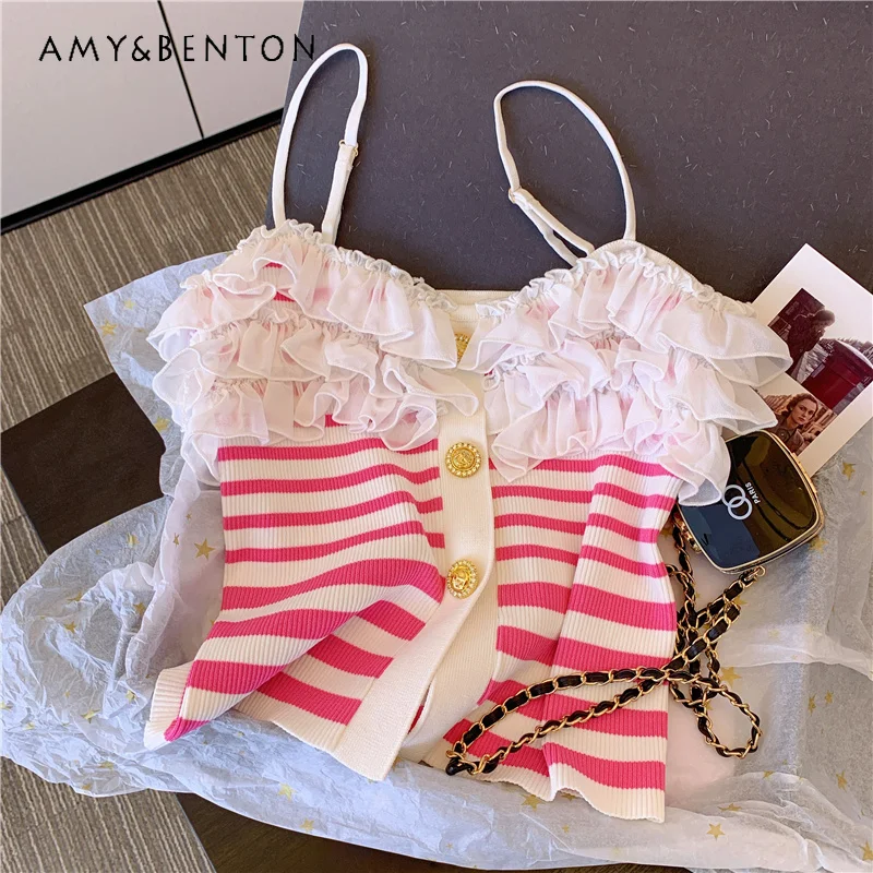 

Wooden Ear Patchwork Knitting Small Sling Women's Slim Fit Striped Short Style Vest Top Tank Korean Fashion Clothing Camisoles