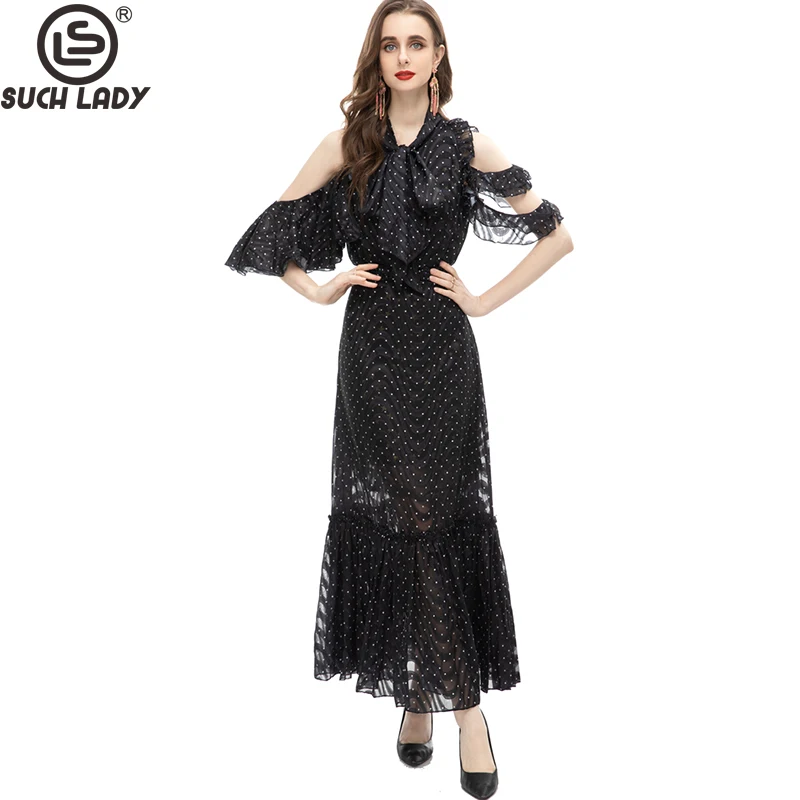 

Женские модельные платья с круглым вырезом, привлекательные праздничные платья в горошек с открытыми плечами