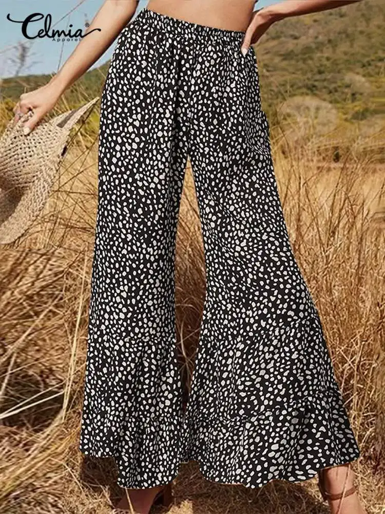 

Celmia Fashion Women Long Flared Pants 2022 Summer Retro Leopard Print Elastic High Waist Pantalon Casual Party Wide Leg Trouser