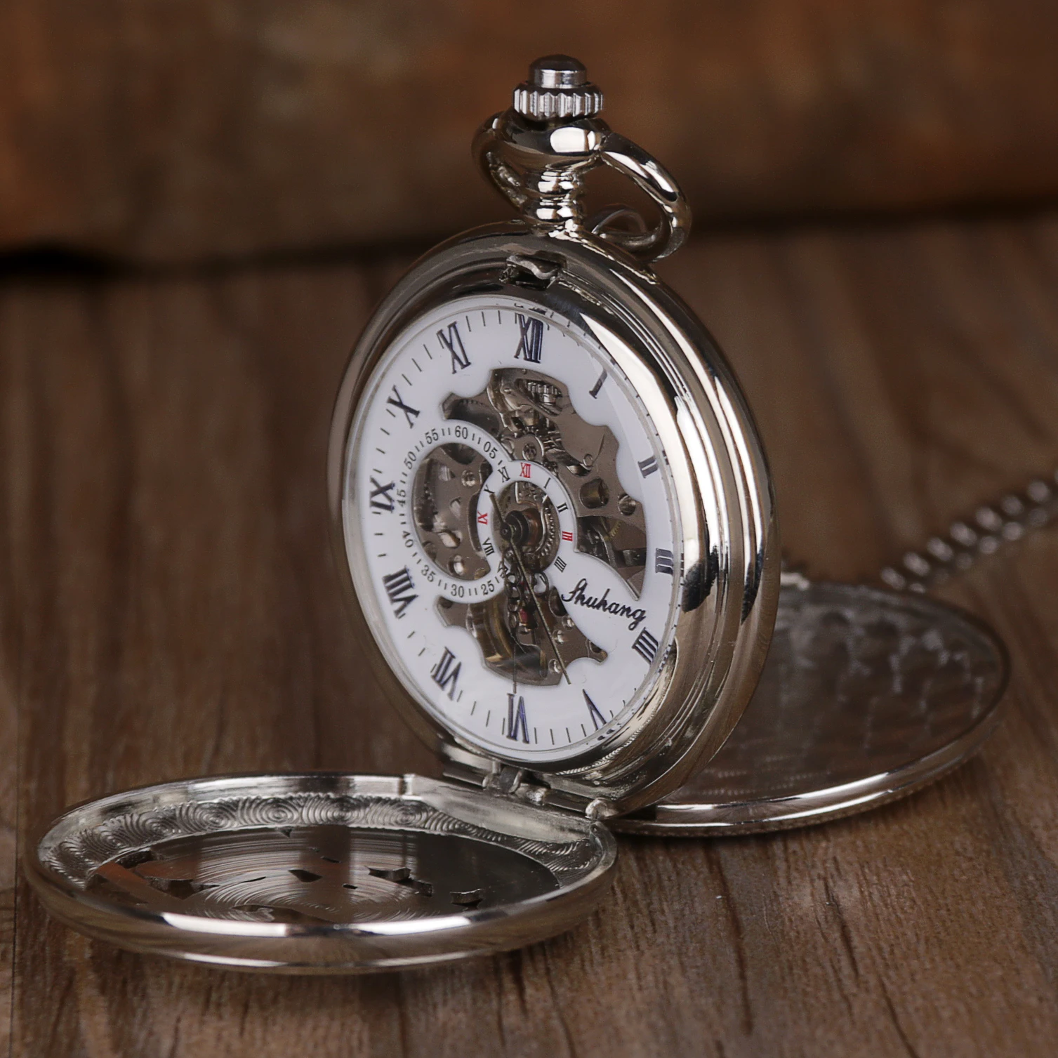 Deer Carving Vintage Double Opening Mechanical Pocket Watch Roman Numeral Display Popular Strap Chain Pendant Men's Ladies Gift