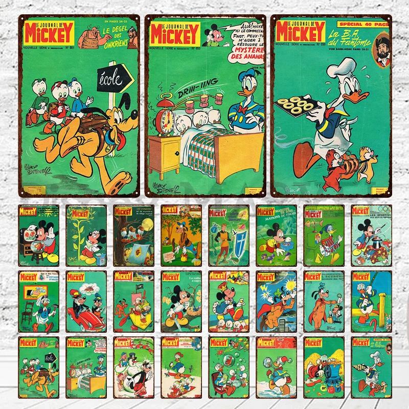 

Металлический жестяной знак Disney Микки, винтажная стильная Настенная Наклейка в стиле ретро, жестяной постер из потертого металла, мультяшн...