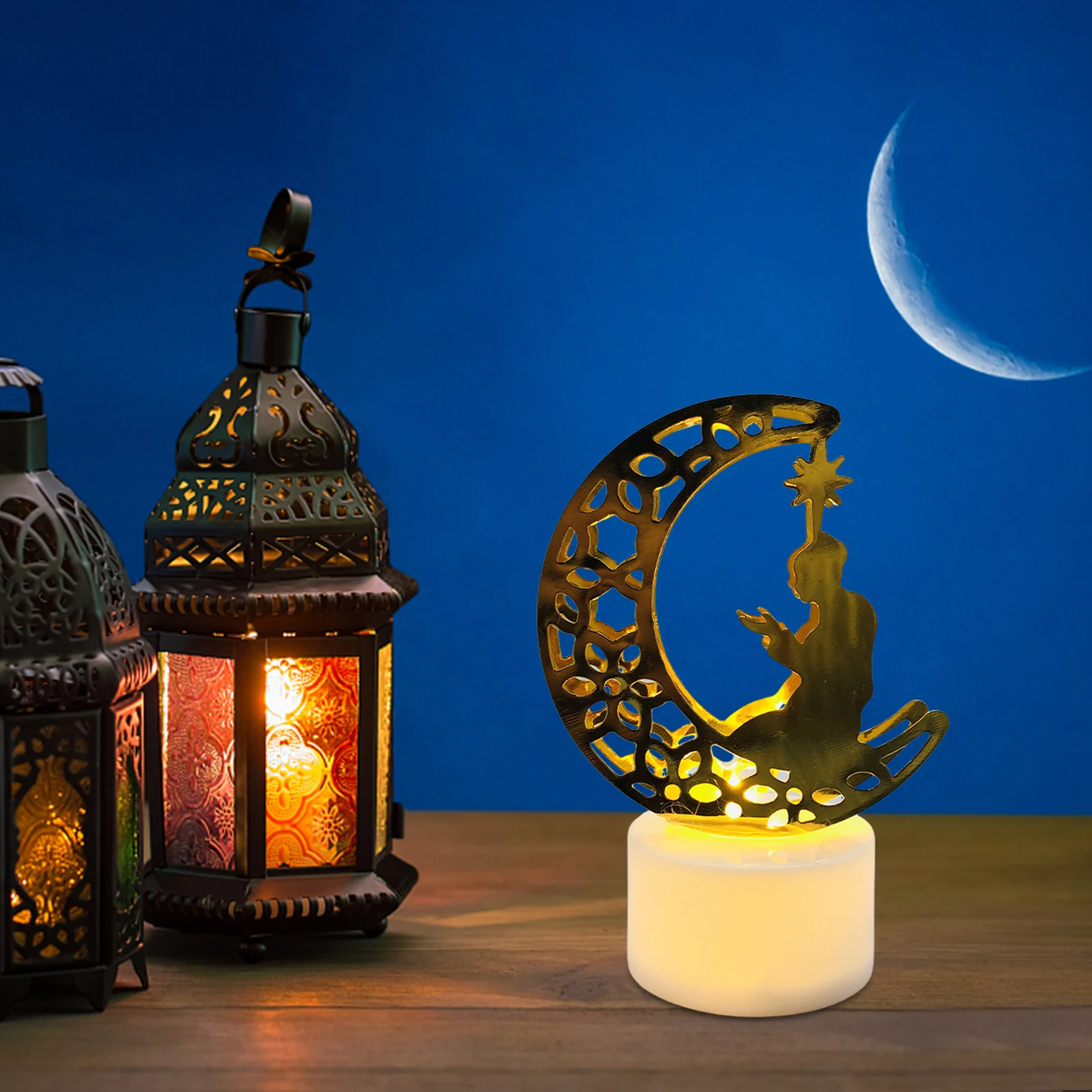 

Mini Candle Lanterns Eid Lantern Decorative Lantern LED Fairy Lights Islamic Art Buildings Crescent Star Light Decor Islamic