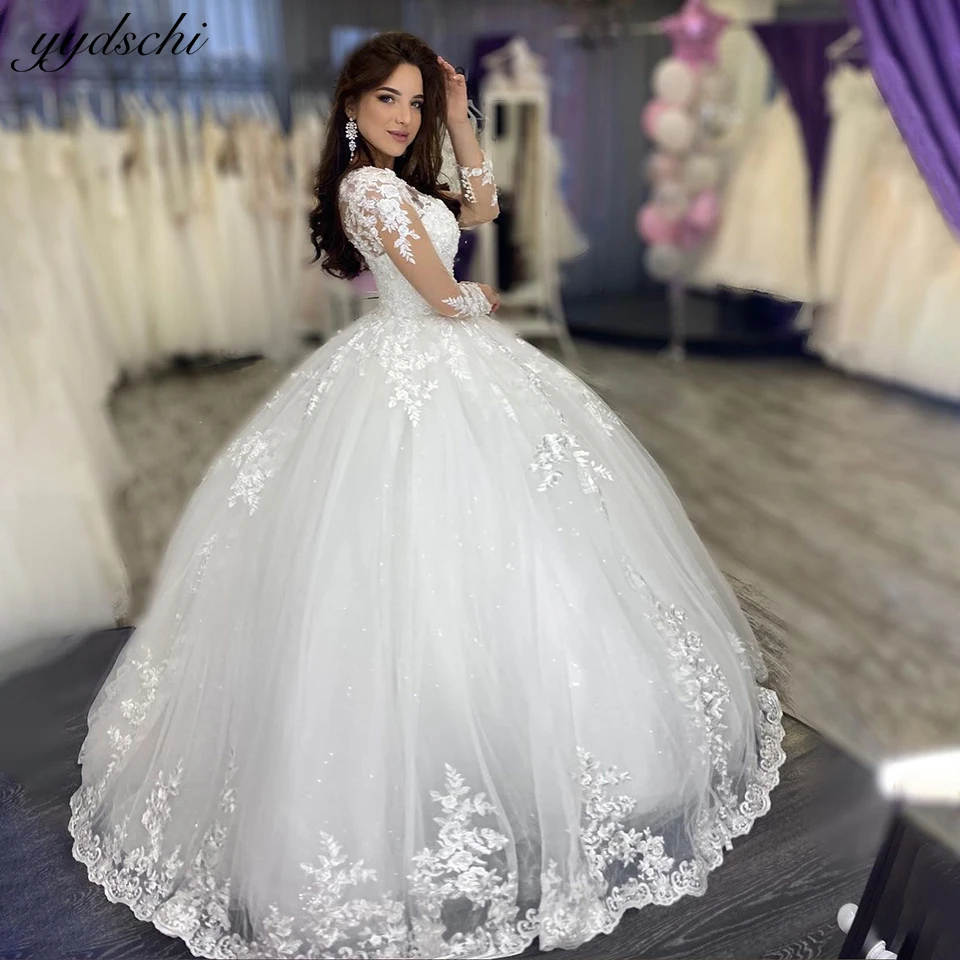 

White Lace Appliques Long Sleeves O-Neck Wedding Dresses 2023 Princess Ball Gown Women Bride Gowns Sweep Train Vestidos De Novia