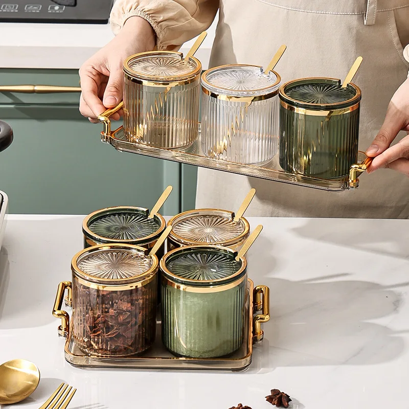 

3/4 Pcs Acrylic Seasoning Box Set Sugar Salt and Pepper Containers with Spoon and Tray Kitchen Spice Jars Condiment Holder