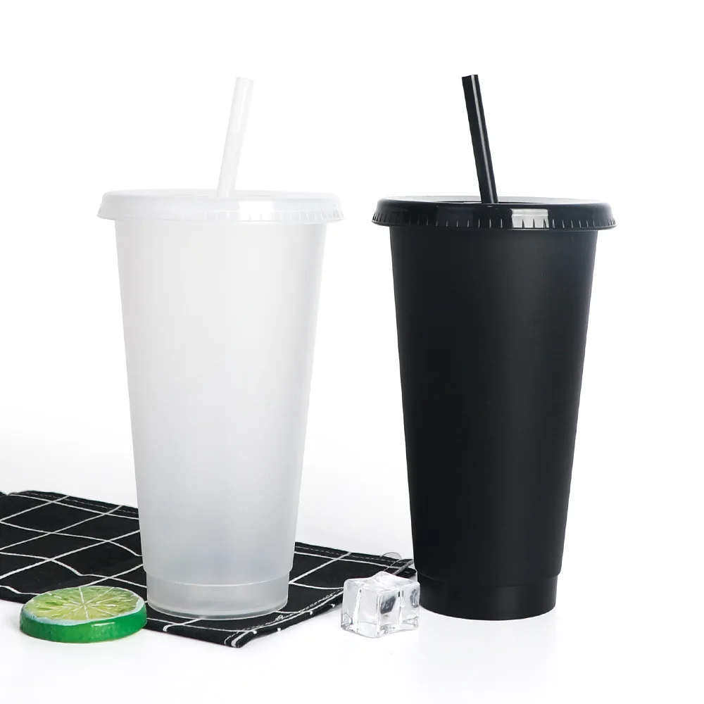 710ml Black White Straw Cup With Lid Color Change Coffee Cup