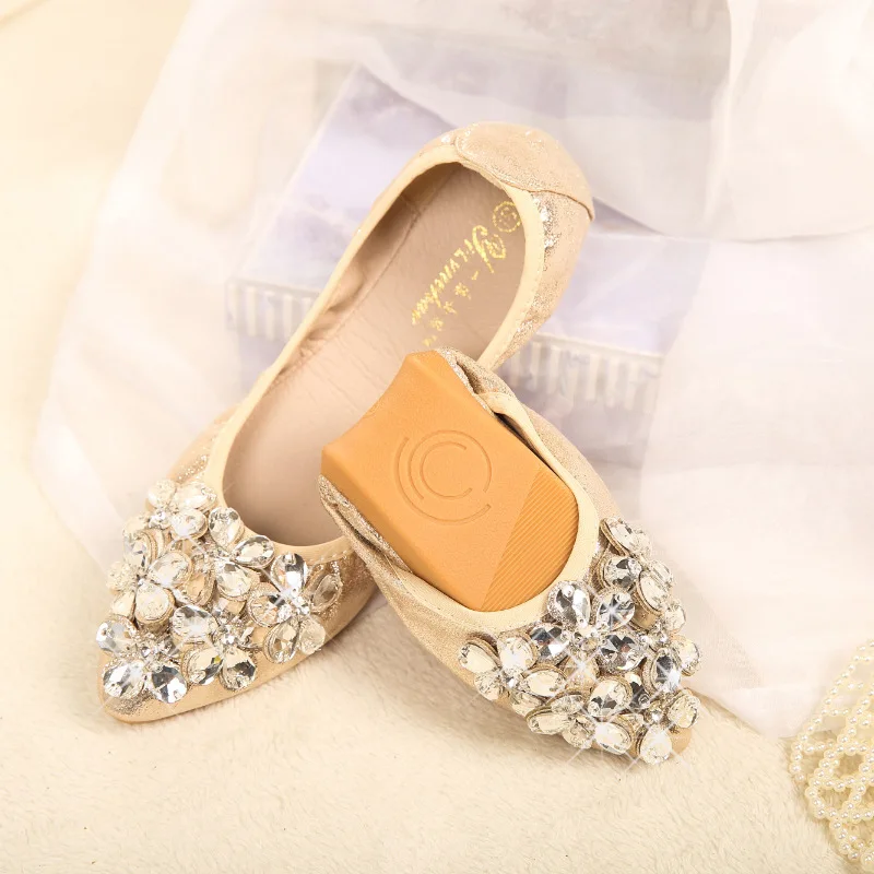 41 42 43 Plus Big Over Large Size Shoes Women's Pointed Flat Sole Rhinestone Soft Sole Shallow Mouth Single Shoes